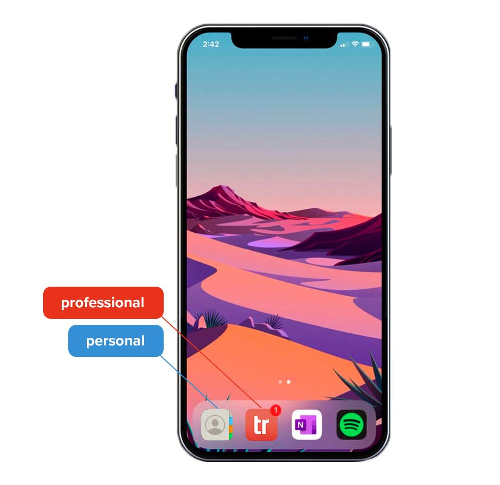 iPhone with callouts for personal calls and professional calls with Tresta