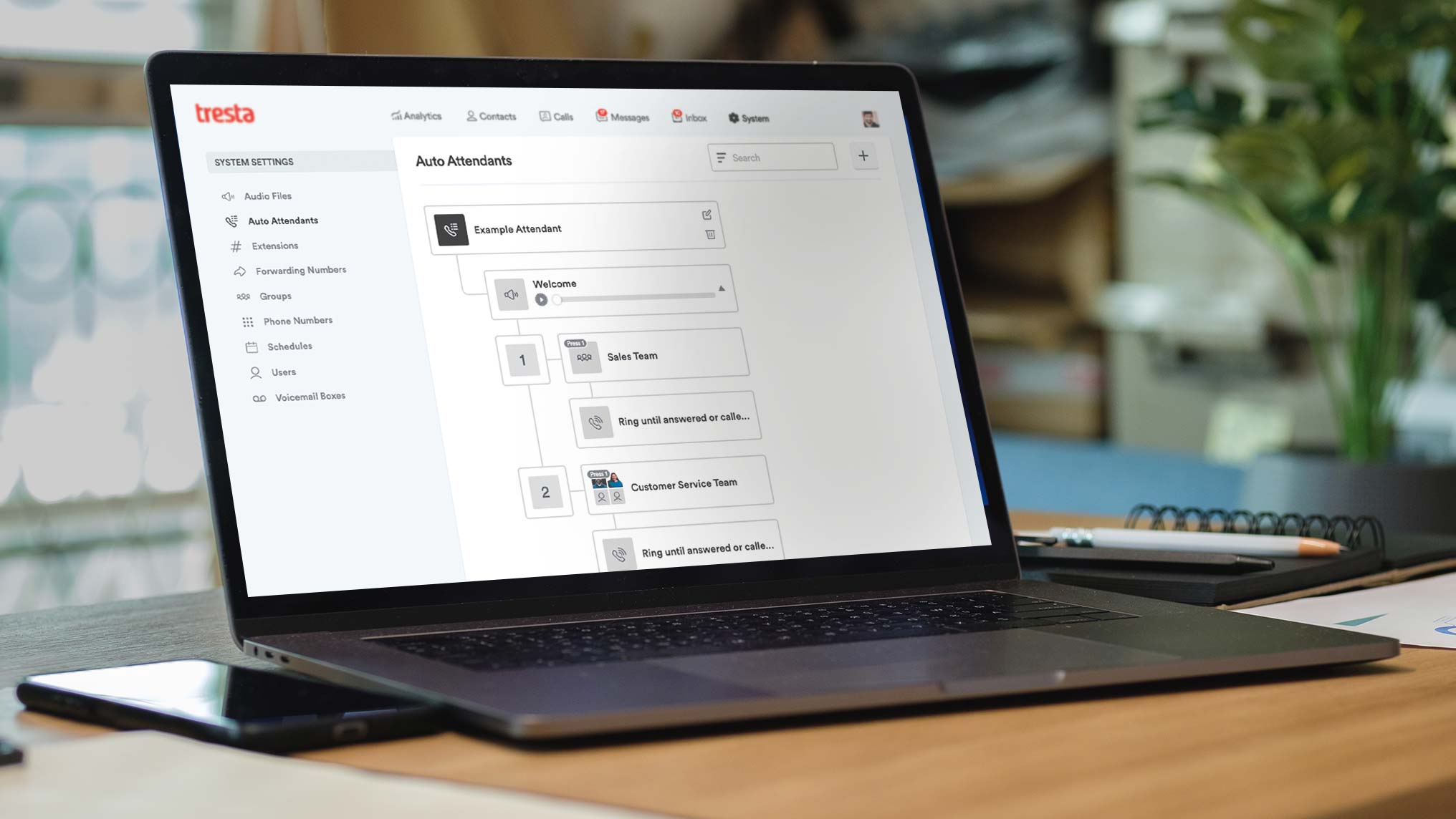 Laptop with Tresta web app system settings auto attendants